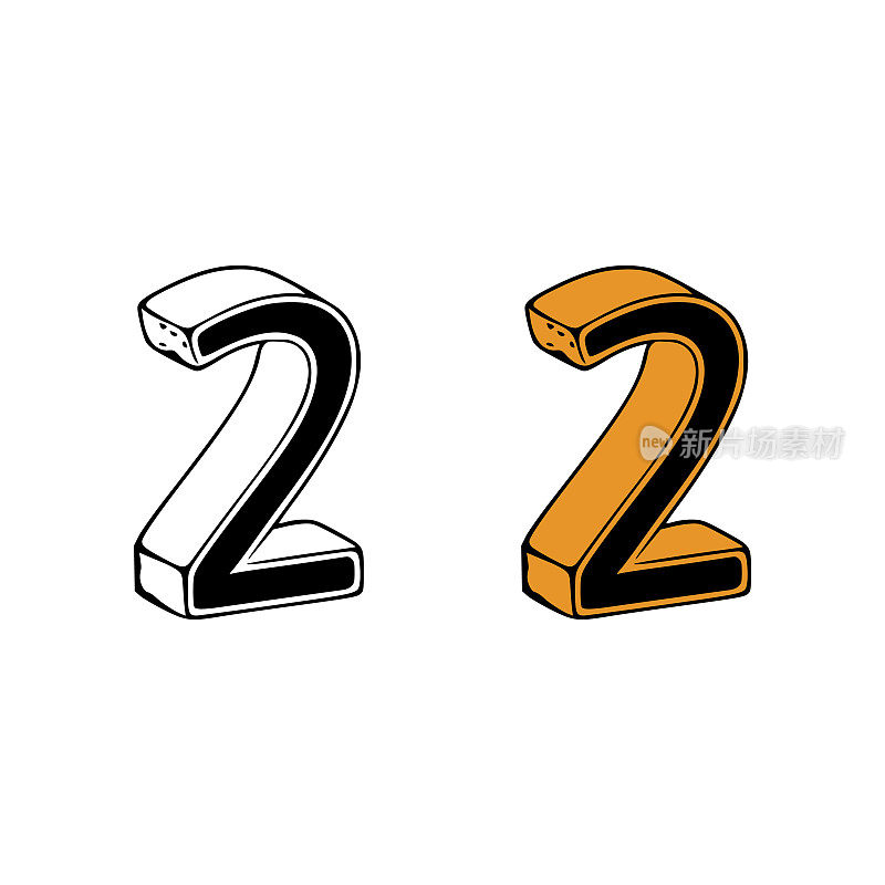 Isometric number 2 doodle vector illustration on white background. Number clip art.